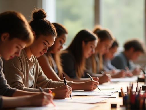 A group of beginners learning calligraphy strokes.